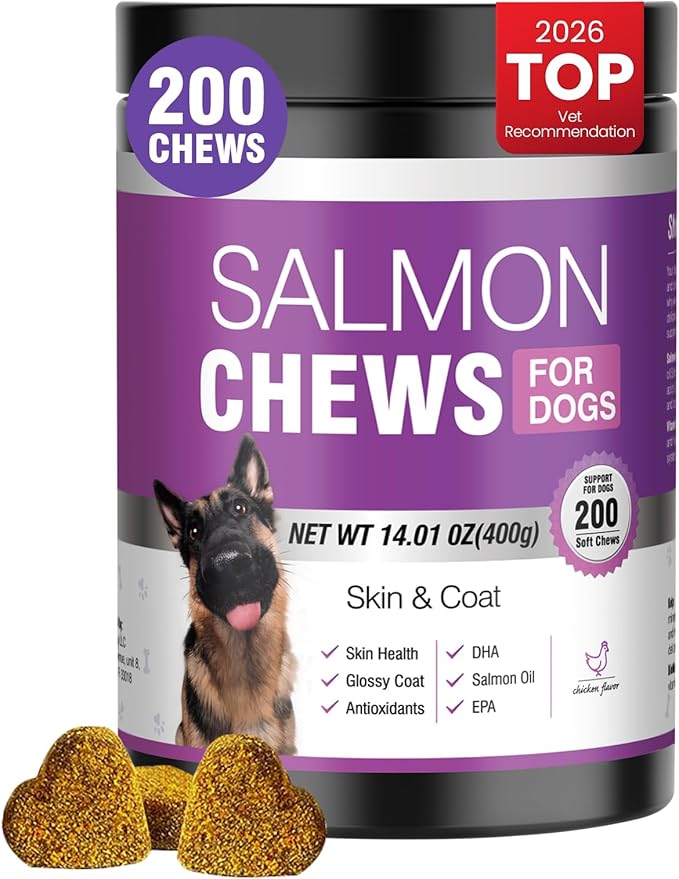 Omega 3 Skin and Coat Supplement for Dogs 200 Chews Dog Fish Oil Supplements with EPA & DHA Fatty Acids Dry Skin Relief for Dogs Shedding Allergy Itching Promotes Heart Hip Joint Health Chicken Flavor