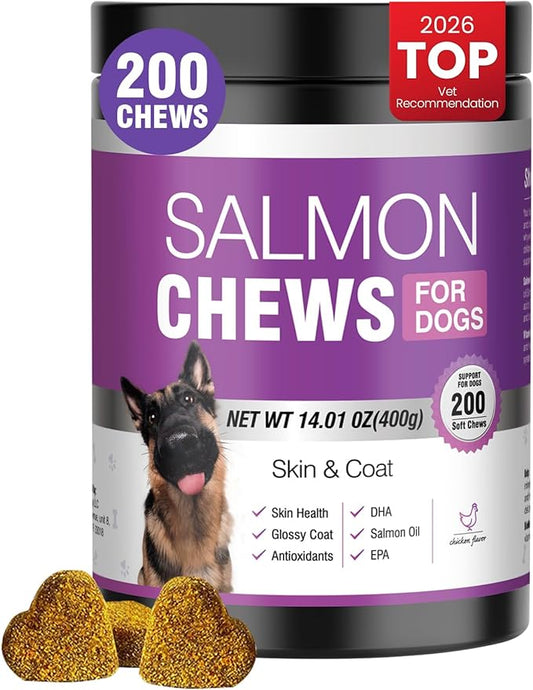 Omega 3 Skin and Coat Supplement for Dogs 200 Chews Dog Fish Oil Supplements with EPA & DHA Fatty Acids Dry Skin Relief for Dogs Shedding Allergy Itching Promotes Heart Hip Joint Health Chicken Flavor