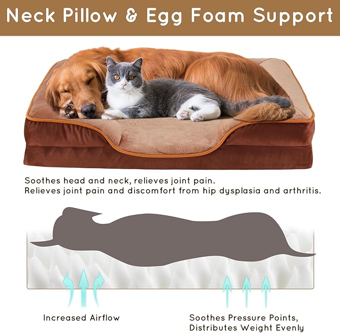 FluffyDream 42 inch Memory Egg-Crate Foam Dog Bed, Orthopedic Pet Couch Bed with Washable Removable Cover, Brown