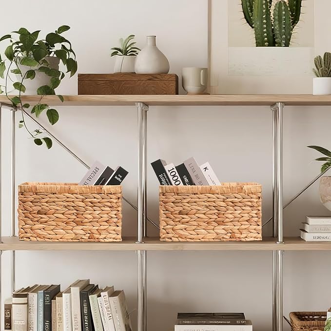 Wicker Storage Basket,Storage Basket with Built-in Handles, Water Hyacinth Storage Baskets for Organizing, Large Wicker Baskets for Storage, Woven Basket for Bedroom, Living Room(2Pack)