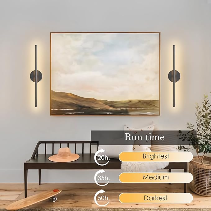 Battery Operated Wall Sconces Set of Two, with Remote Control, Dimmable, Warm White/Natural White/Daylight/RGB, 350°Rotate, LED Black Wireless Wall Light for Living Room, Bedroom, 20.4 Inch