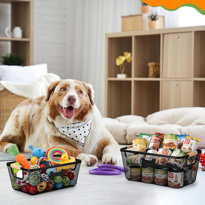 4 Pack Metal Dog Toy Storage Baskets with Wooden Handles, Chew Resistant Pet Organizer Bins for Dog Toys, Leashes, Accessories, Stackable Mesh Pet Storage for Home Outdoor