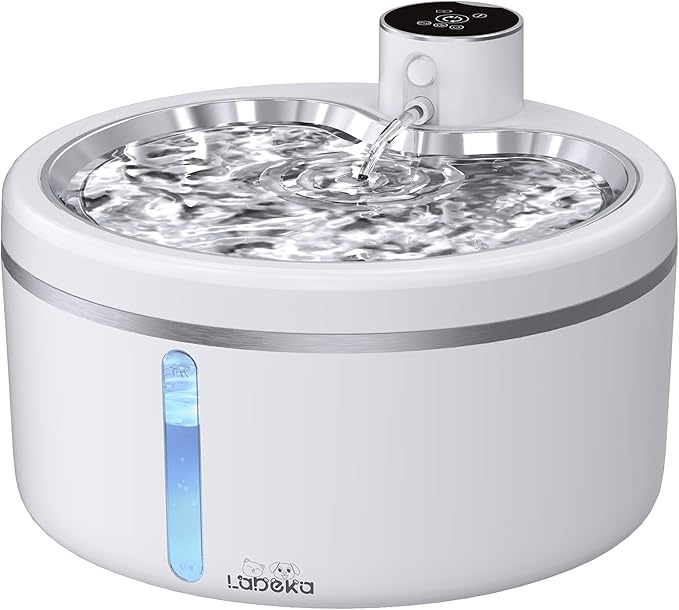 Wireless Cat Water Fountain with Stainless Steel Tray, 84oz/2.5L Pet Water Fountain for Cats Inside, Cat Fountain for Drinking with Motion Sensor, Ultra Quiet Pump for Pets& Small Animals (White)