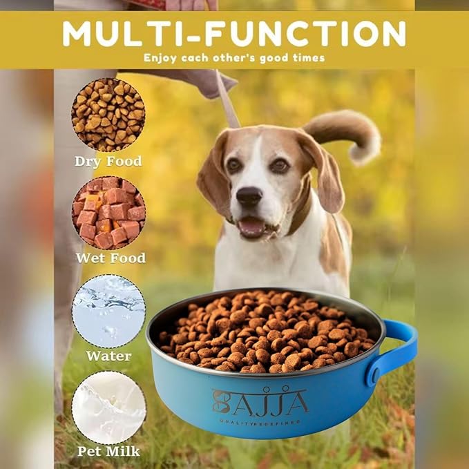 3-in-1 Travel Dog Bowl Set – 30 OZ Stainless Steel + 20 OZ Collapsible Water Bowl Lid | BPA-Free, Anti-Slip, Portable Dog Bowl w/Handle/Water Bottle Holder with Carabiner | Blue Bowls