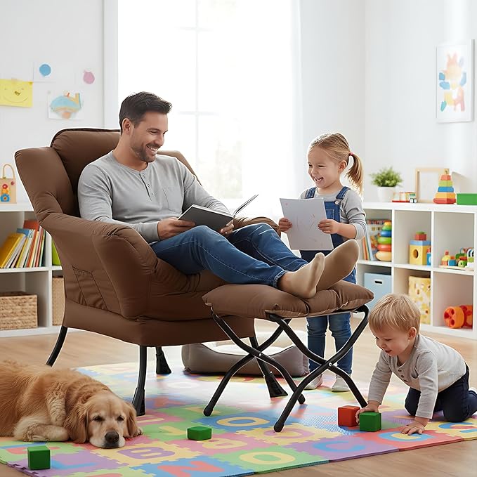 Welnow Lazy Chair with Ottoman, Modern Lounge Accent Armchair with Armrests and a Side Pocket, Leisure Sofa Armchair Set, Reading Chair with Footrest for Small Space, Dark Brown