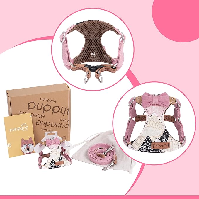 Puppytie No Pull xs Dog Harness with Multifunction Dog Leash,Soft Adjustable No Choke Escape Proof Pet Harness Vest,Suede Bow Pink,XS