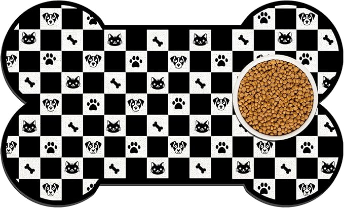 Pet Dog Cat Food Mat, Absorbent Bone Shaped Dog Bowl Mats for Food and Water, Non Slip Cute Footprint Dogs Cat Placemats Feeding Mat for Floors Puppy Pet Accessories Supplies 17"x30" Black White