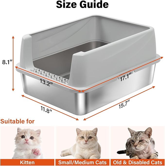 Stainless Steel Litter Box with Lid,Metal Kitty Litter Box,Kitten Litterbox for Small Cats,Non-Stick,Odor-Free,Easy to Clean,Include Litter Mat &Scoop,17.5x13.6x8in