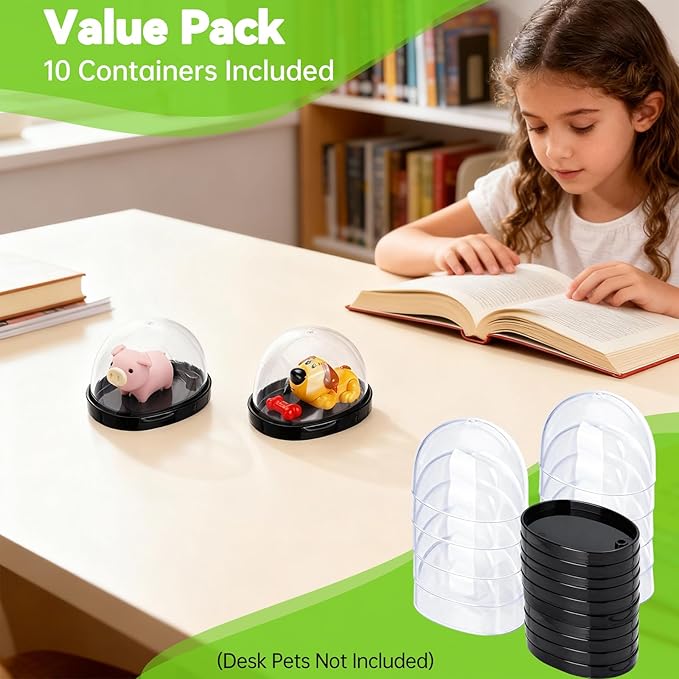 10 Pack Desk Pet Containers, Individual Desk Pet Domes, Clear Plastic Small Storage Box, with Secure Snap Lid, Protect Pets from Dust and Water, Ideal Accessories for Most Desktop Pets