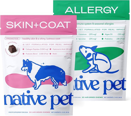 Native Pet Omega Skin and Coat Chews for Dogs (30 Air-Dried Chews) & Allergy Chews (30 Air-Dried Chews) - Promotes Healthy Skin & Shiny Coat - Soothing Itchy Skin & Digestive Support