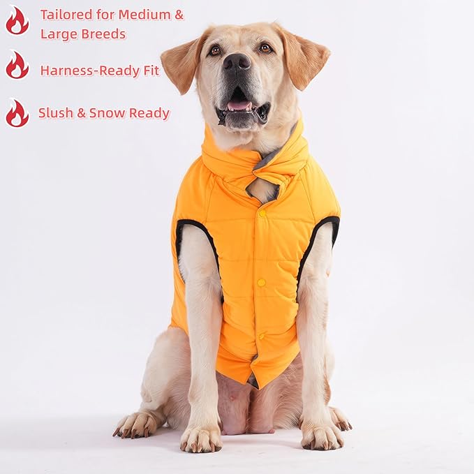 LovinPet Reversible Dog Puffer Coat for Medium & Large Dogs, Down‑Insulated Winter Jacket, Water‑Resistant & Wind‑Resistant, Anti‑Static, Dual-Sided Orange & Grey for Cold Weather,L