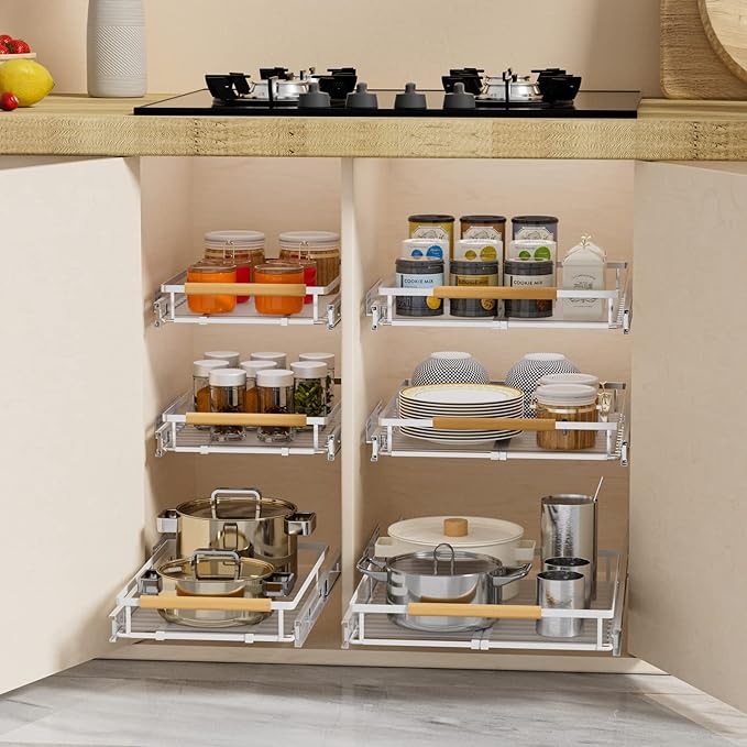 SANNO Pot Lid Organizer Pot Lid holder, Pots and Pans Organizer Drawer Plate Organizer for Bakeware Dish Plate Expandable Pull Out Cabinet Shelf,Under Sink Slide Out Cabinet Organizer