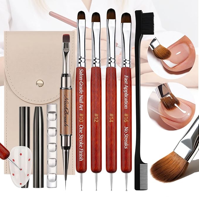 Gel Nail Art Brushes Set: 7Pcs Dense French Tip Brush With Liner Dotting Pen - Manicure Tools For Acrylic Builder Gel Polish Application Clean Up & Designs - Salon Home DIY Nail Artist