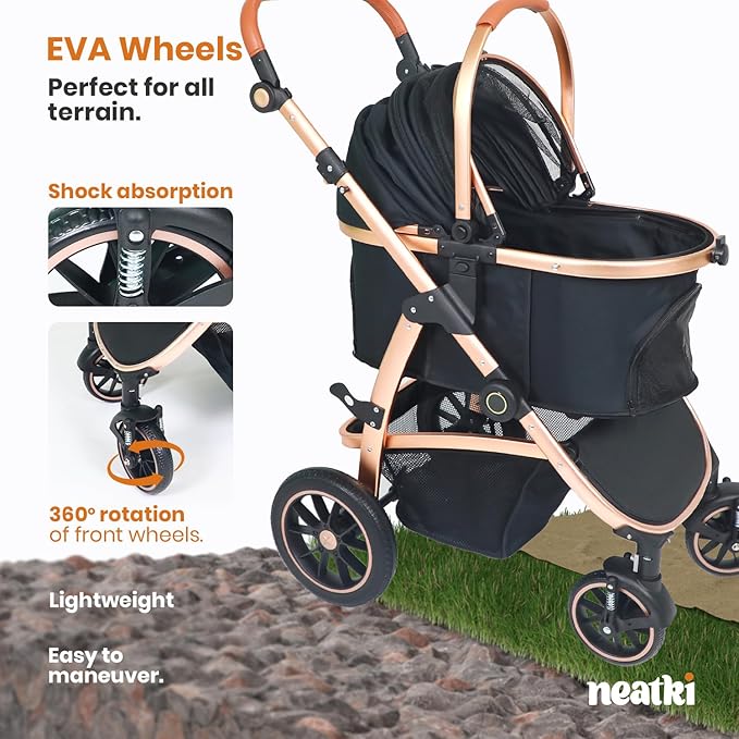 3 in 1 Pet Stroller for Small to Medium Dogs and Cats up to 55 lbs with Detachable Carrier/Car Seat, 34.44x24.21x 42.91, Foldable and Lightweight, Detachable Cushion + Cup Holder (Black/Gold)