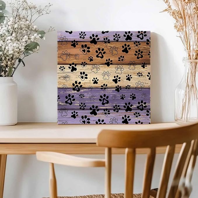 Framed Canvas Wall Art for Living Room Dog Paw Print Wall Decor, Retro Brown Purple Wood Grain Aesthetic Paintings for Bedroom Office Kitchen Bathroom, Ready to Hang Artwork Wall Pictures 12x12 Inch