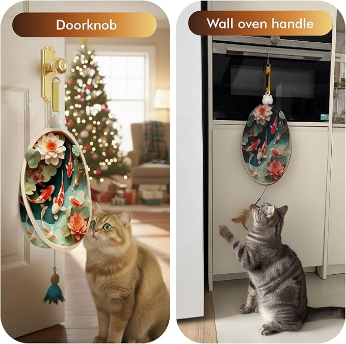 OtterVerz 11 Interactive Cat Toys for Indoor Cats, Automatic Concealed Hide and Seek Hanging Feather Cat Toy, Rechargeable Motion-Activated Enrichment Toys for Bored Adult Cats (Fish Pond Pattern