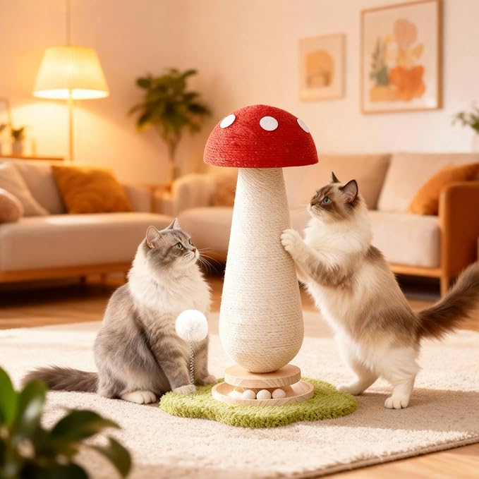 Cat Scratching Post,Mushroom Cat Scratcher with Sisal Scratching Poles with Interactive Toy Ball,Indoor Cat Toy