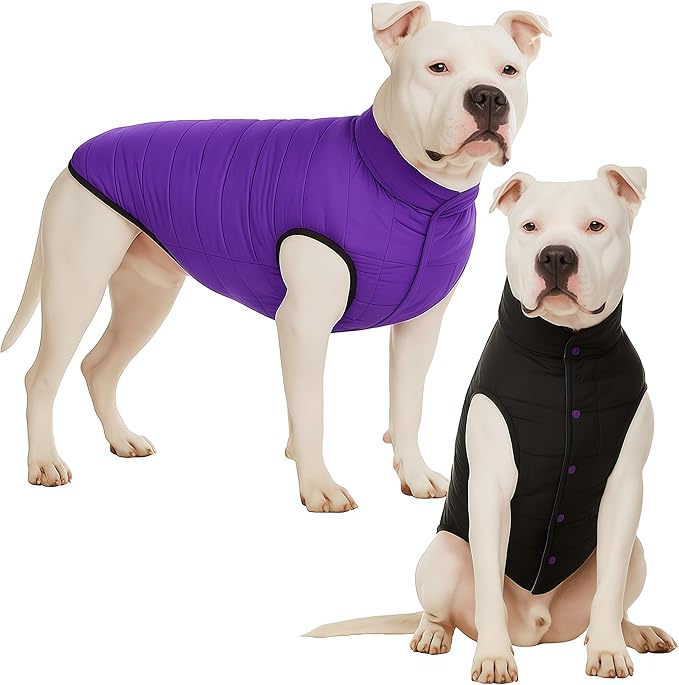 LovinPet Reversible Dog Puffer Coat for Medium & Large Dogs, Down‑Insulated Winter Jacket, Water‑Resistant & Wind‑Resistant, Anti‑Static, Dual-Sided Purple & Black for Cold Weather,2XL