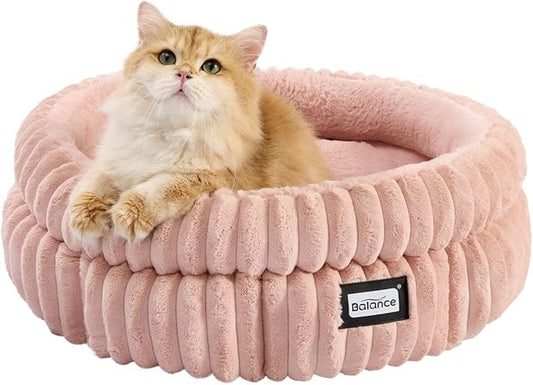 BALANCE Cat Bed Kitten Bed, Washable Round Cat Beds for Indoor Cats,Super Soft Plush Faux Fur Pet Bed for Puppy and Kitten with Anti-Slip Bottom