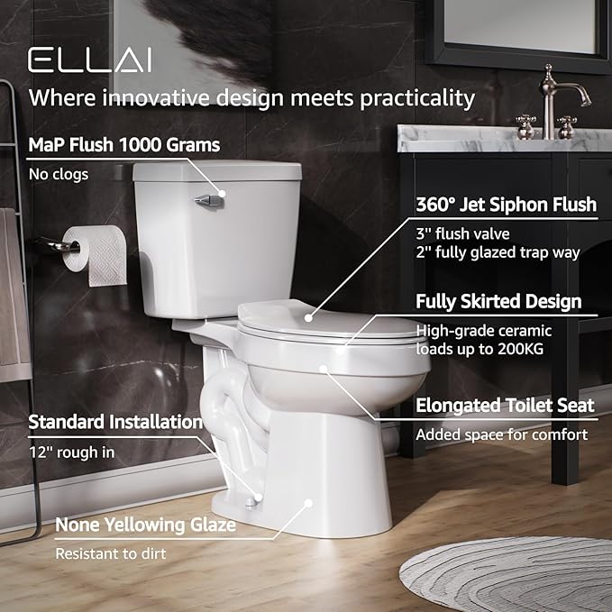 White 2-piece Elongated Toilet with Standard 12-in Rough-in, ELLAI Powerful Single Flush 1.28 GPF ADA Chair Height Toilet (Seat Included)