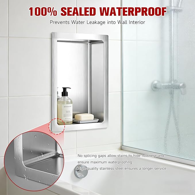 No Tile Needed Shower Niche 13"X 19", Bathroom Wall Niche Single Shelf, Stainless Steel Shower Niche for Bathroom, Kitchens, Balconies