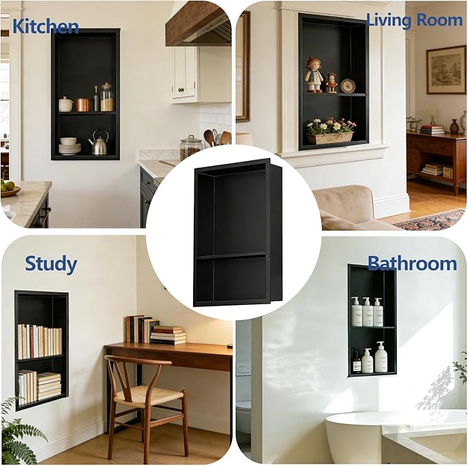 Recessed Wall Niche Cabinet 18" x 12", Matte Black Stainless Steel, No Tile Needed, with 1 Centered Shelf, Shower Niche Storage