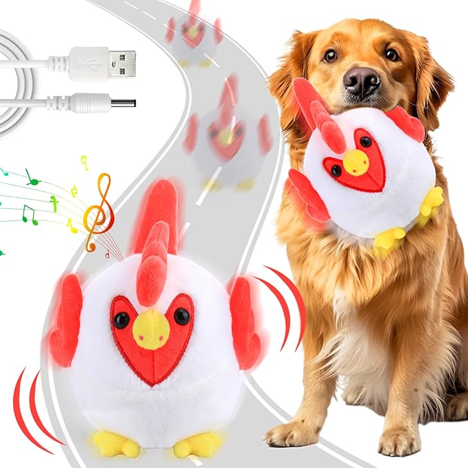 Interactive Dog Toys, Crazy Chicken Dog Toy with Pop Songs and Recording Mode, Rechargeable Active Self Moving Ball for Small/Medium/Large Puppy Dogs to Keep Them Busy, Dog Toys for Boredom Exercise