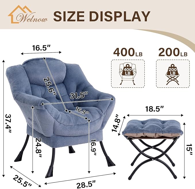 Welnow Lazy Chair with Ottoman, Modern Lounge Accent Chair with Armrests and a Side Pocket, Leisure Sofa Armchair Set, Reading Armchair with Footrest for Small Space, Plush Light Blue