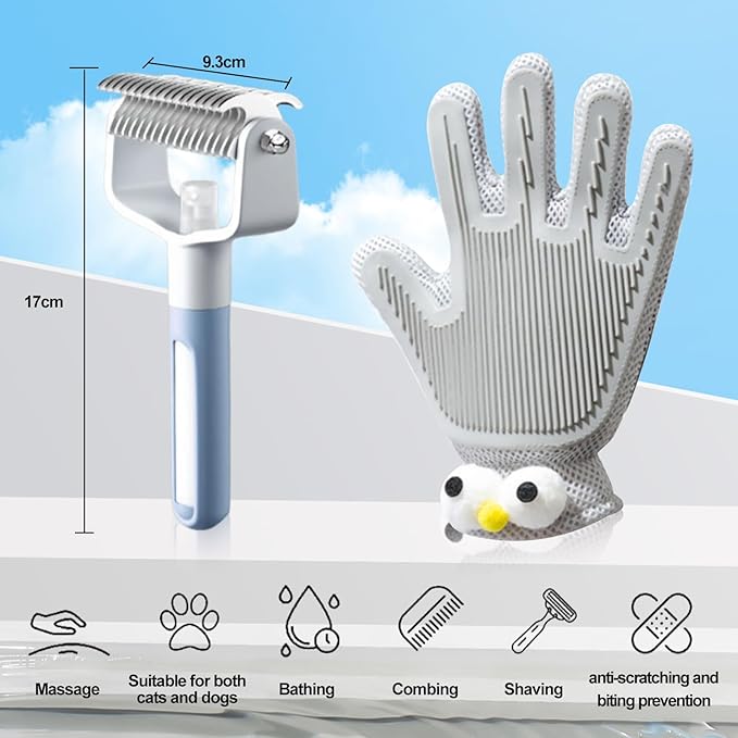 2-in-1 Spray Undercoat Brush & Fur Removal Gloves Combo Set - White - Dematting, Deshedding Grooming Tool with Water Spray Function for Dogs and Cats - Easy Fur Removal & Shed Control