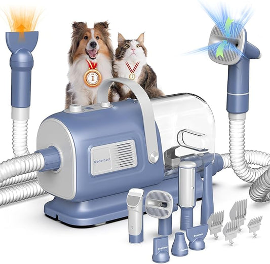 Dog Grooming Vacuum and Dryer Kit, Blower for Pet Vacuum Grooming 7 in 1 with Clippers for Dogs Hair Shedding Brush Remover Tools at Home Blue Grey