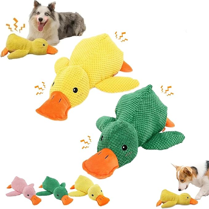 Yilia 2025 Cute Yellow Calming Duck Dog Toy, Quack-Quack Duck Dog Toy, Cute Yellow Stuffed Calming Dog Toys with Soft Squeaker, Interactive Dog Toys for Aggressive Chewers (Yellow+Green)