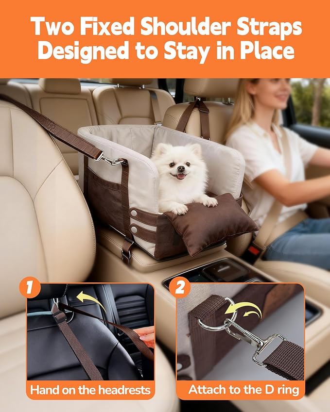 JZXOIVA Console Dog Car Seat & Travel Bed for Small/Medium Dogs, Booster Dog Car Seat with Safety Tether, Non-Slip Base, Washable Cover, Front or Back Seat Pet Carrier Bed, Black