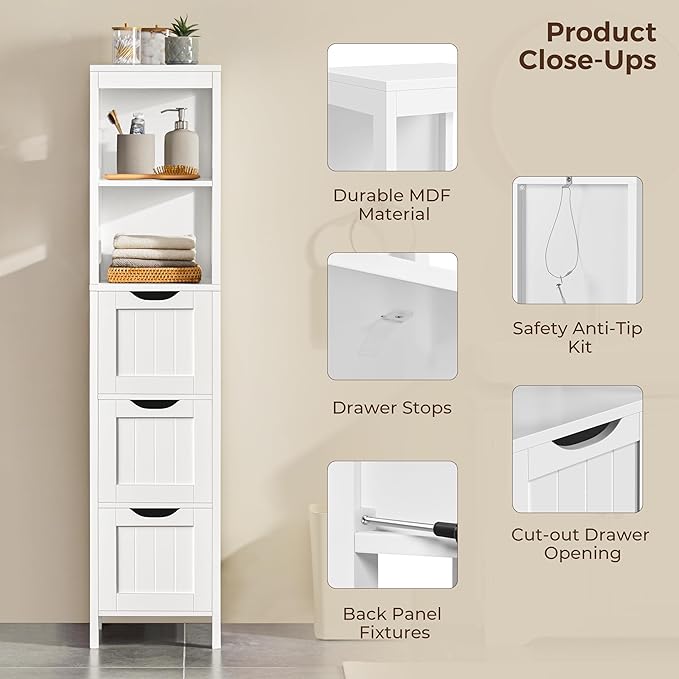 Yaheetech 56” Tall Bathroom Storage Cabinet, Slim Storage Organizer with 3 Drawers & 2 Shelves, Narrow Freestanding Floor Cabinet for Living Room/Hallway/Corner/Small Space, White