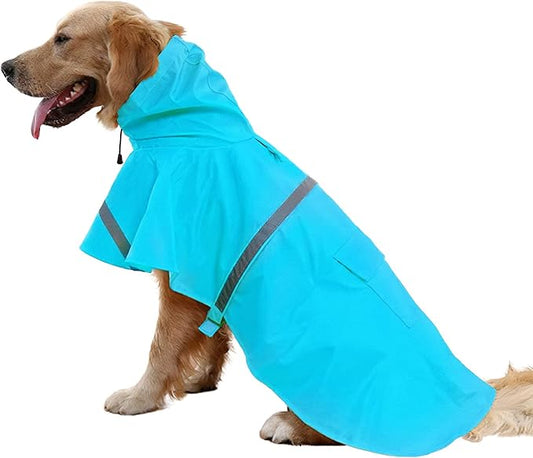 NACOCO Large Dog Raincoat Adjustable Pet Water Proof Clothes Lightweight Rain Jacket Poncho Hoodies with Strip Reflective (L, Lake Blue)