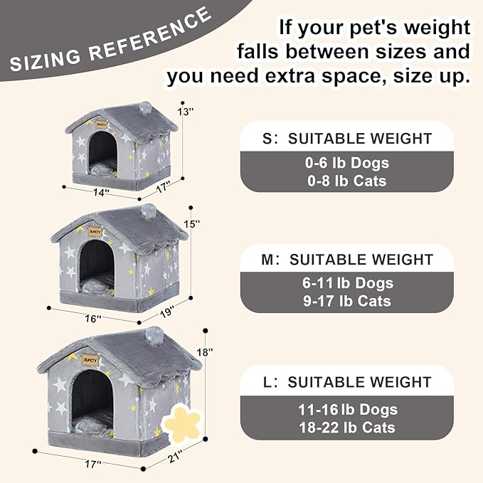 JIUPETY Cute Cat Beds for Indoor Cats, Foldable Cat House with Non-Slip Bottom, S Size Kitten Bed for 0-6 Lb Dogs and 0-8 Lb Cats, Grey