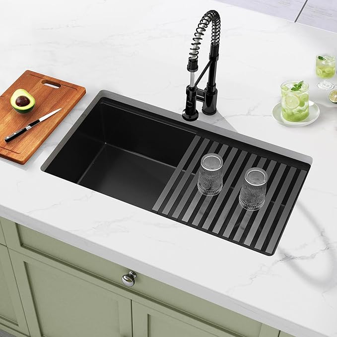 Black Undermount Kitchen Sink,16 Gauge Stainless Steel Sinks,Single Bowl Workstation Sink,Modern Kitchen Sink Offset Drain (30" X 18")