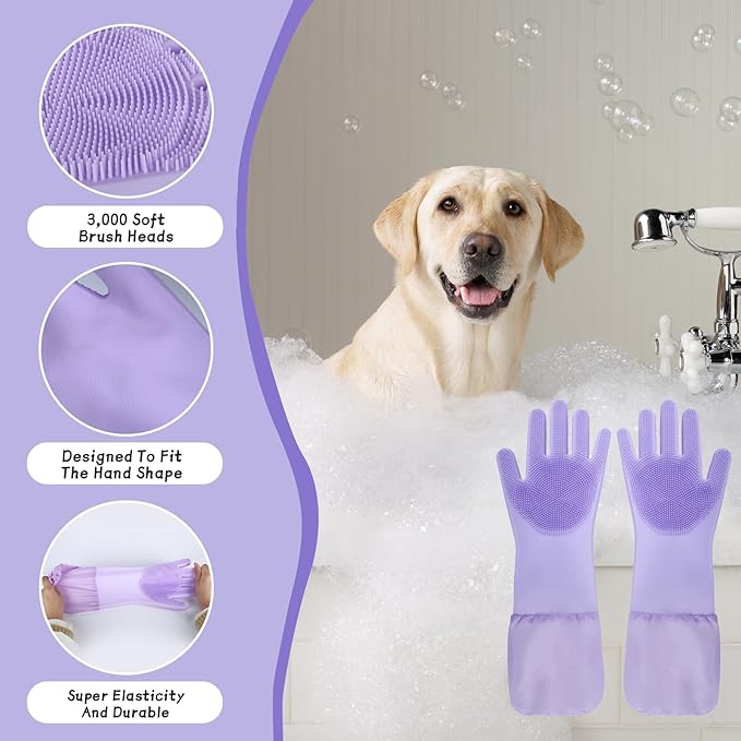Dog Washing Gloves & Hair Remover for Cats and Dogs,Dog Bath Gloves with Extended Length,Comfortable Dog Bath Gloves for Gentle Bathing Efficient, Multifunctional Silicone Pet Gloves(Purple