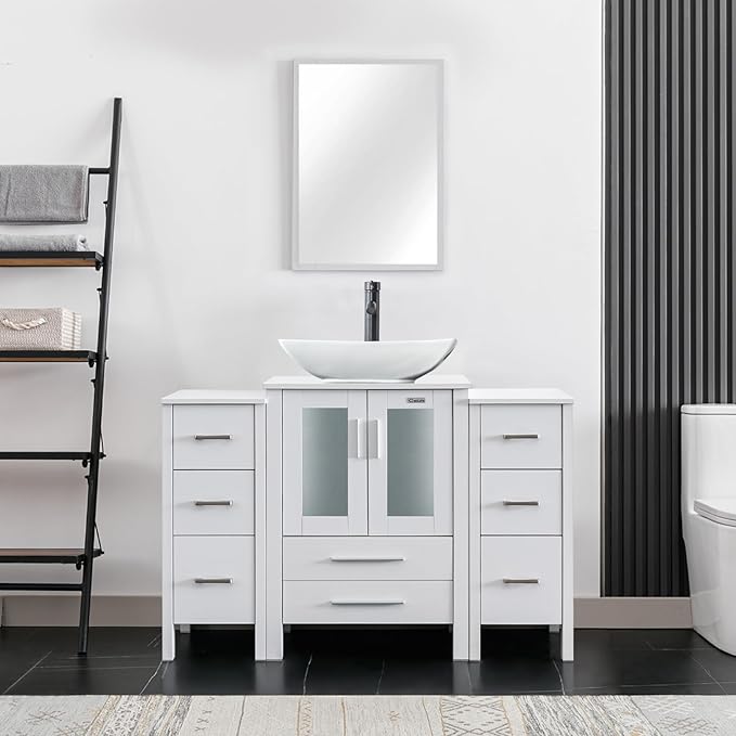 eclife 48" Modern Bathroom Vanity Sink Combo Freestanding Cabinet with Small Side Cabinet, White Curved Ceramic Vessel Sink, Water Save Faucet, Drain (White+T32)