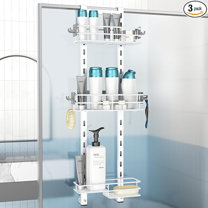 Nieifi Over the Door Shower Caddy, Adjustable 3 Tier Hanging Shower Organizer with Soap Holder Bathroom Shelves with Hooks, White