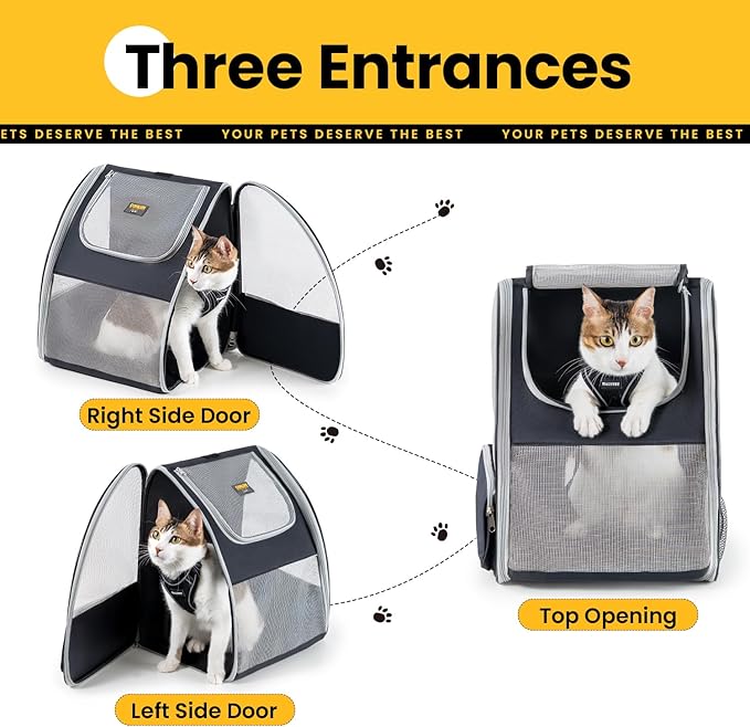 Cat Backpack Carrier for Small Dogs and Cats Fit Up to 15 Lbs,Small Dog Backpack, Expandable & Foldable with 3-Side Mesh Windows, Pet Carrier for Travel & Hiking Friendly，Gray