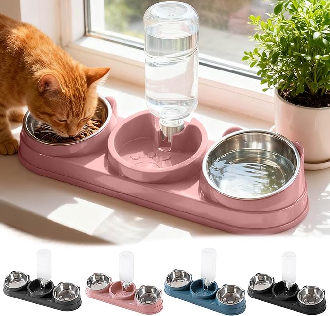 Elevated Cat Bowl Set, 15° Raised Cat Food and Water Bowl with Dispenser, Pet Dishes for Indoor Cats, Small Medium Dogs & Rabbit Feeding, Anti-Vomiting, Slow Feeder (Pink)
