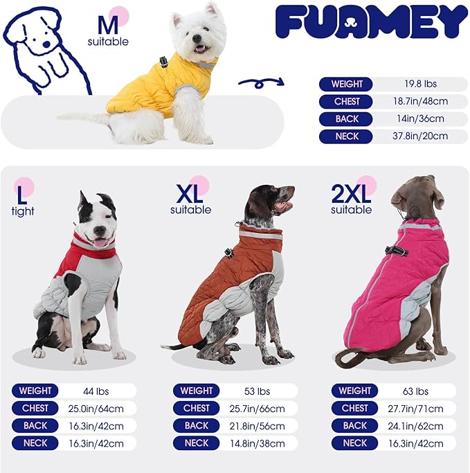 FUAMEY Dog Coat for Large Dogs,Waterproof Dog Winter Jacket with Harness Built in Puppy Cold Weather Coats Reflective Pet Vest with Zipper Warm Fleece Dogs Snowsuit Windproof Black L