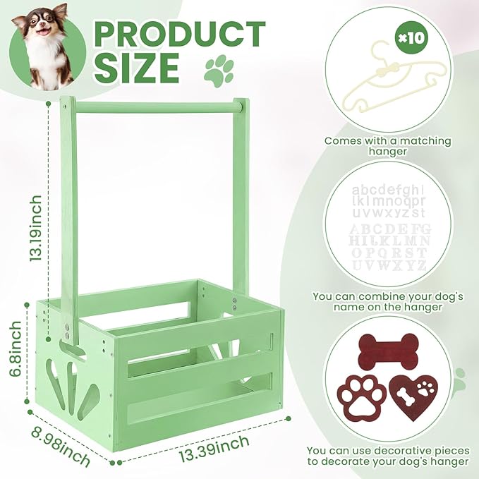 20" x 13" x 9" Wooden Dog Closet Pet Wardrobe Crate Box with Hanging Rods and Personalized Alphabet Letters Easy Assembly Baskets for Dog Cat Toys Clothes Accessories (Green)