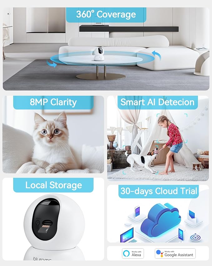 blurams 4K Indoor Cameras for Home Security, 360° PTZ Pet Camera with Phone App, One-Touch Call, Free Human/Pet/Motion/Sound/Cry Detection, Dual-Band WiFi 6, Work with Alexa