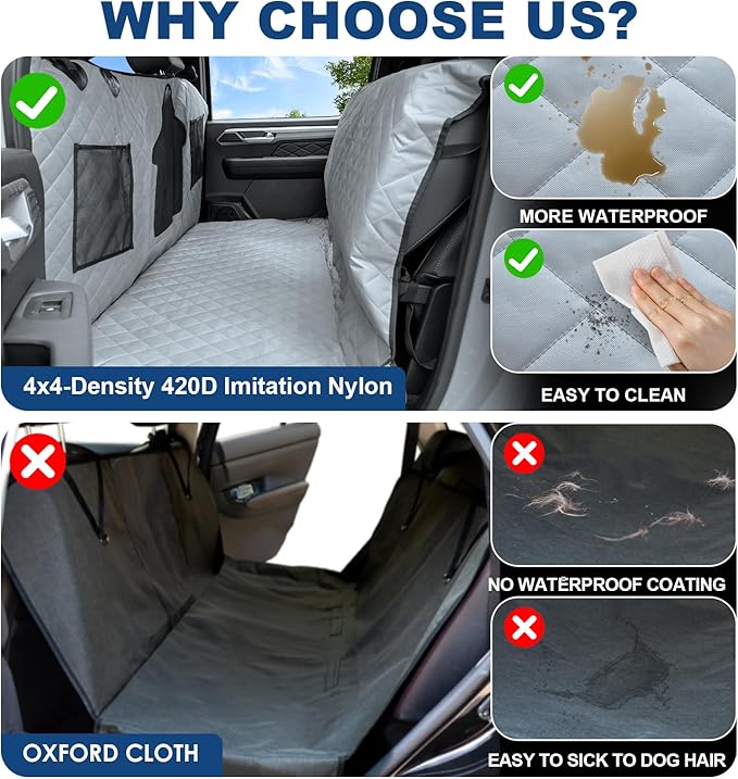 Dog Car Seat Cover for Back Seat - Waterproof Pet Hammock with Embedded Insert Door Protectors (XLarge for Crew Cab Truck with Fold‑Up Seat)