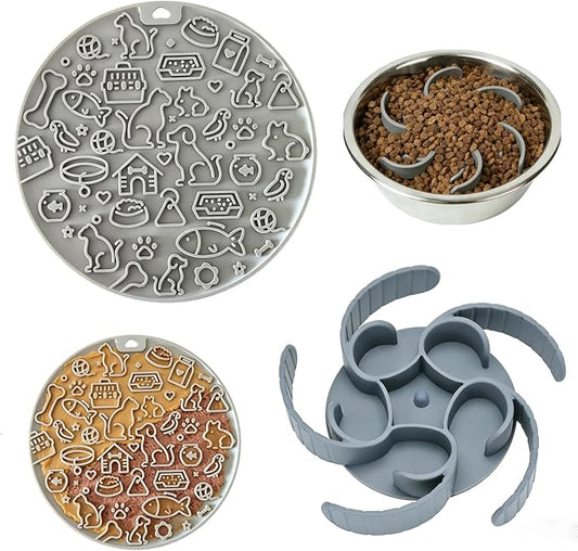 2-in-1 Dog Slow Feeder Insert and Lick Mat Set, Silicone Pet Licking Pad with Suction Cups, Slow Feeding Bowl Insert for Wet & Dry Food, Grey