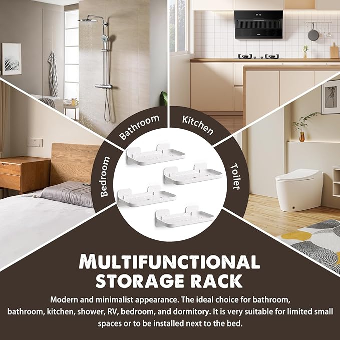 2 Pack Adhesive Floating Shelves No Drill Small Floating Shelf for Wall Storage Damage-Free Wall Mounted Organizer for Bathroom, Kitchen, Bedroom & Office (White-4pcs)