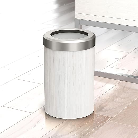 Gatco Small Bathroom Trash Can with Lid, Round 3 Gallon Wastebasket, Under Sink, White Oak with Satin Nickel, for Bathroom, Bedroom, Office (1932SN)