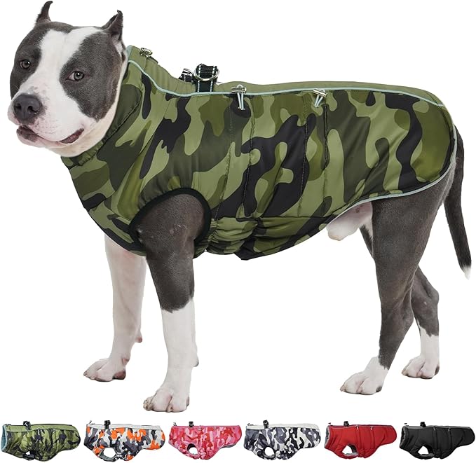 Dog Winter Jacket - Large, Warm Zip Up Snowsuit Dog Harness Vest, Reflective, Water-Resistant, Camouflage