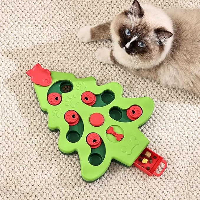 Interactive Dog Treat Puzzle Toy, Christmas Tree Sliding Food Puzzle Feeder, Mental Stimulation & Boredom Buster, Slow Feeding Enrichment Toy for Small Medium Dogs